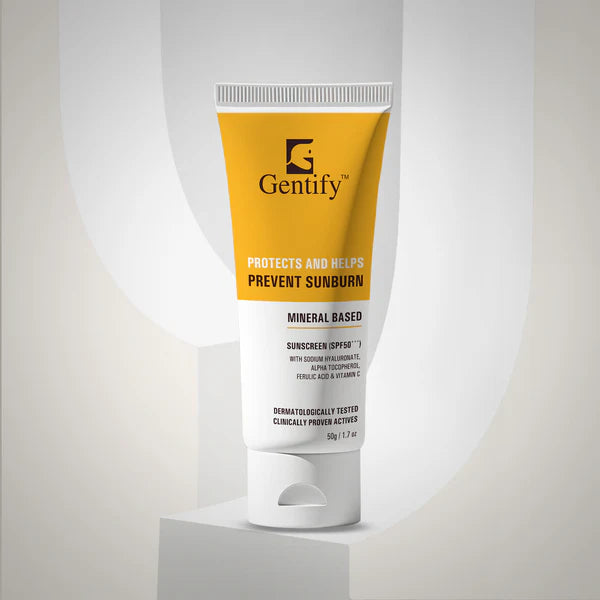Gentify Care Mineral Sunscreen SPF 50+++ with Vitamin C, E, Hyaluronic Acid & Ferulic Acid – Hydrating & Antioxidant Protection