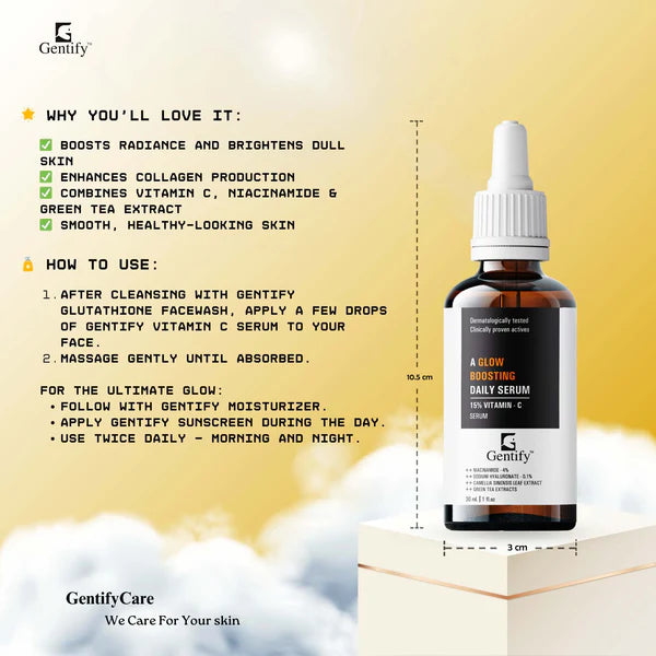 Gentify Care Vitamin C 15% with Niacinamide Sodium Hyaluronate, Camellia Sinensis Extract, Green Tea Extracts