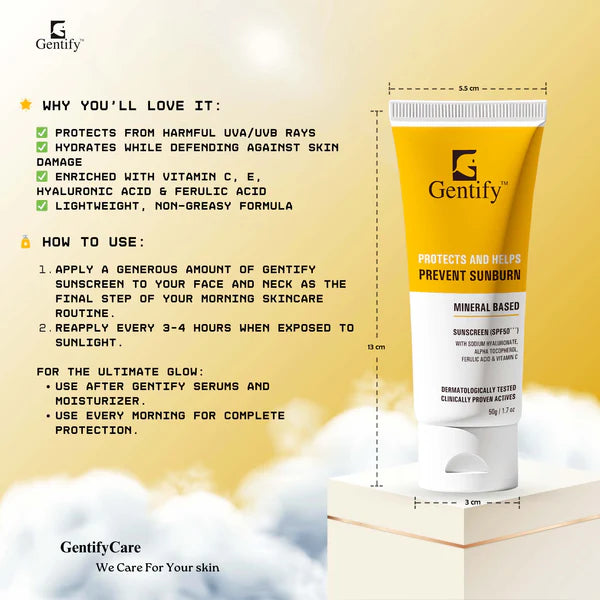 Gentify Care Mineral Sunscreen SPF 50+++ with Vitamin C, E, Hyaluronic Acid & Ferulic Acid – Hydrating & Antioxidant Protection