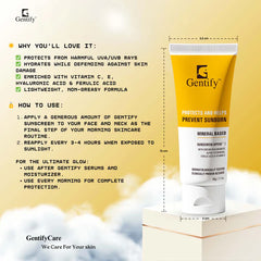 Gentify Care Mineral Sunscreen SPF 50+++ with Vitamin C, E, Hyaluronic Acid & Ferulic Acid – Hydrating & Antioxidant Protection